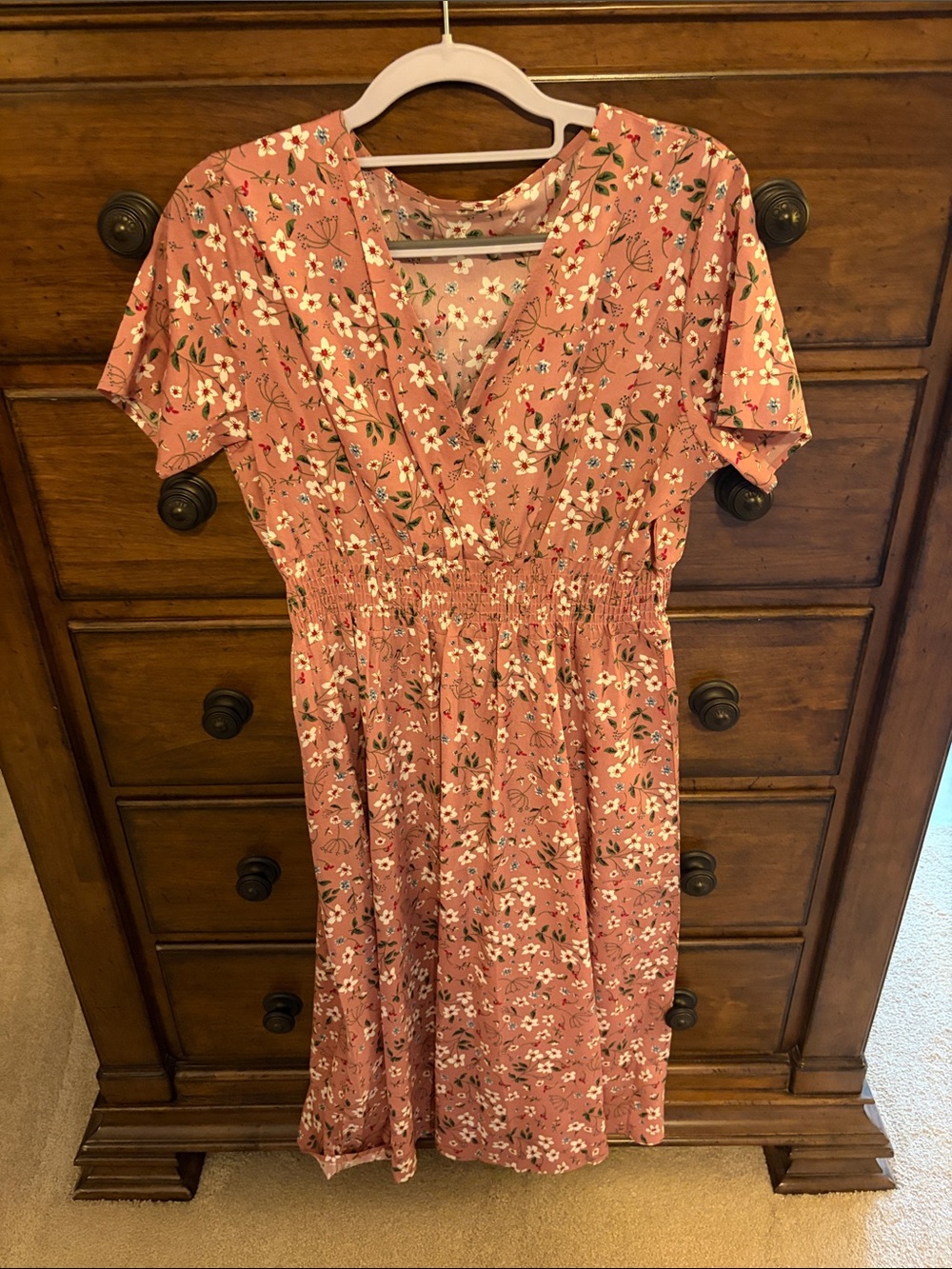 Floral Surplice Smocked Waist Dress - Dusty Rose